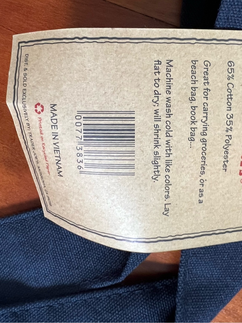 NWT Trader Joe’s Original Large Reusable Tote Bag in cream with navy blue handle - Picture 3 of 7